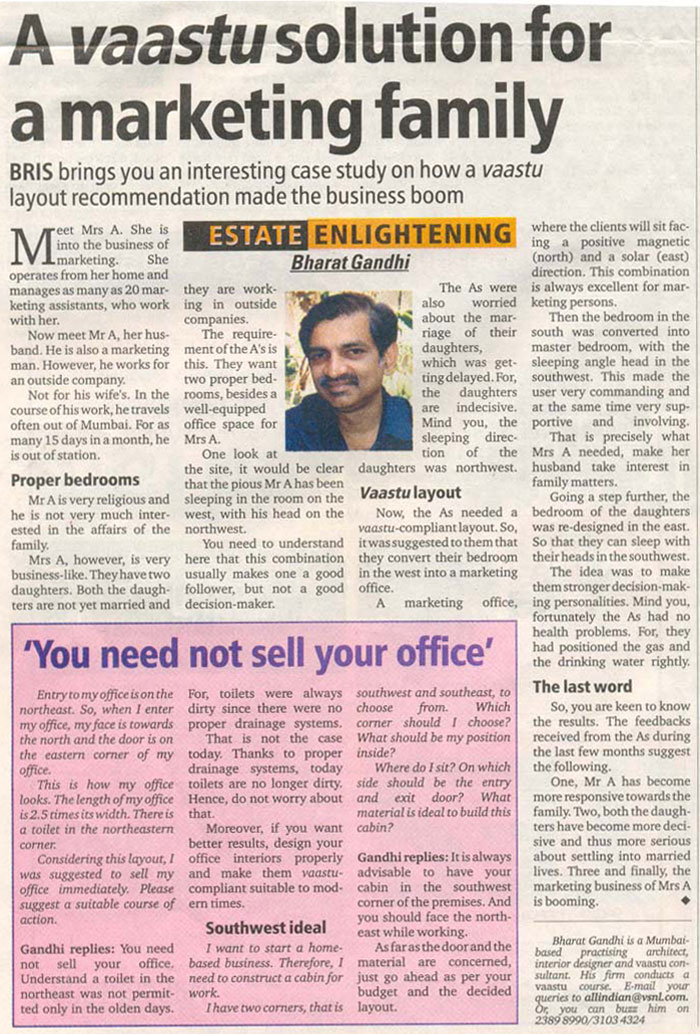 A Vaastu solution for a marketing family